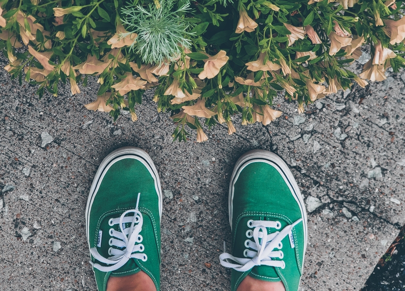 Chaussures vertes devant fleurs